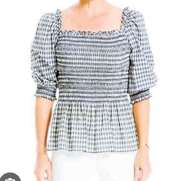 Max Studio NWT blue gingham smocked bust blouse M - Picture 1 of 10